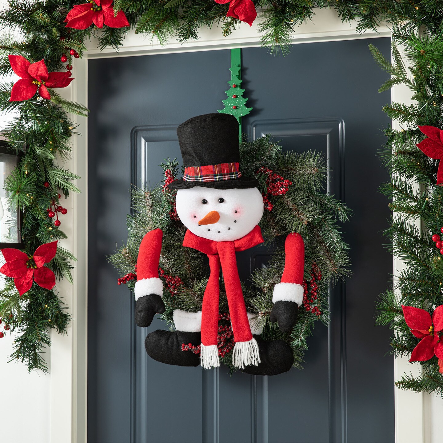 24&#x22;D Christmas Flocked Pine Needle &#x26; Berry Wreath with matched 20&#x201C;H Christmas Fabric Snowman Ornament Sets