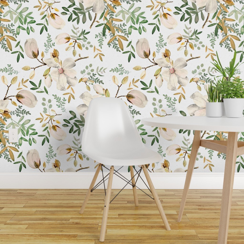 Pre-Pasted Wallpaper 2FT Wide Botanical Magnolia Eucalyptus Green Watercolor Floral Wedding Nursery Cream Spring Flowers Custom Pre-pasted Wallpaper by Spoonflower