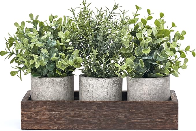 3-Pack Mini Artificial Eucalyptus Plants with Wood Tray – Farmhouse Table Centerpiece Decor
