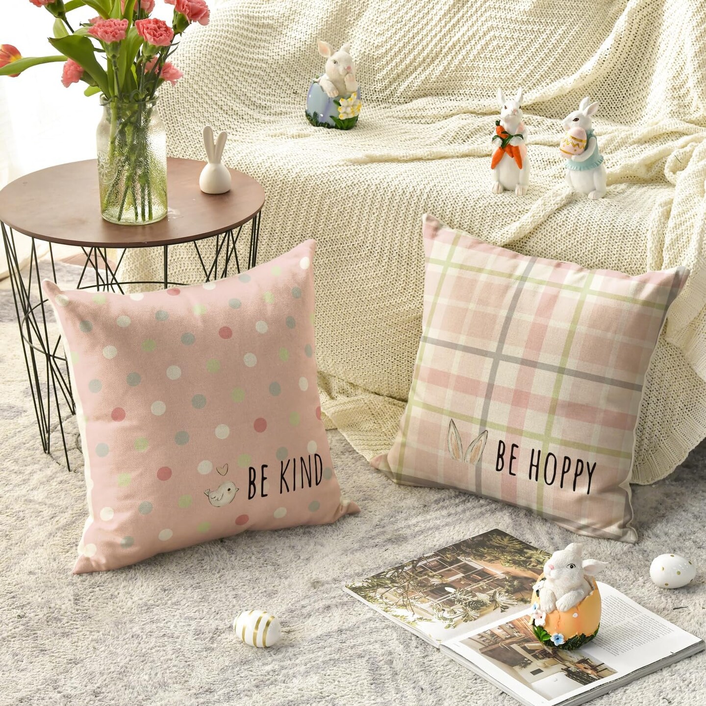 Easter Rabbit Flower Buffalo Plaid Be Hoppy Throw Pillow Cover, 18 x 18 Inch Polka Dot Bird Be Kind Cushion Case Decoration for Sofa Couch Set of 4