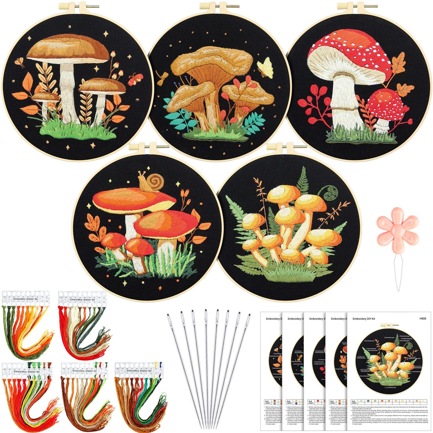 5 Sets Mushroom Embroidery Kit for Beginners with Pattern and Instructions Include Embroidery Cloth Hoops Threads for Craft Lover Hand Stitch DIY Adult Hand Needlepoint