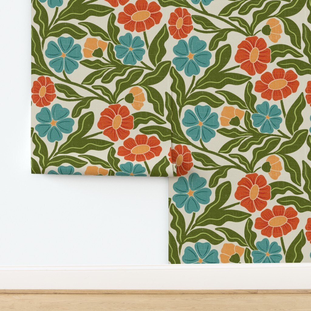 Retro Bohemian Botanical Trailing Vine Muted Green Blue Orange Flowers Custom Pre-pasted Wallpaper by Spoonflower Pre-Pasted Wallpaper 2FT Wide