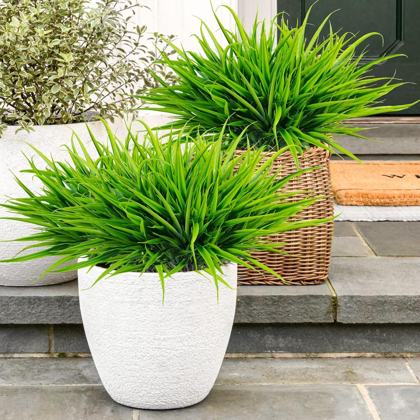 6 Bundles Artificial Outdoor Plants UV Resistant Fake Grass Plants Faux Plastic Plants Greenery Shrubs for Home Garden Pathway Window Box Front Porch Cemetery Spring Summer Decor, Green 3"D x 3"W x 14"H