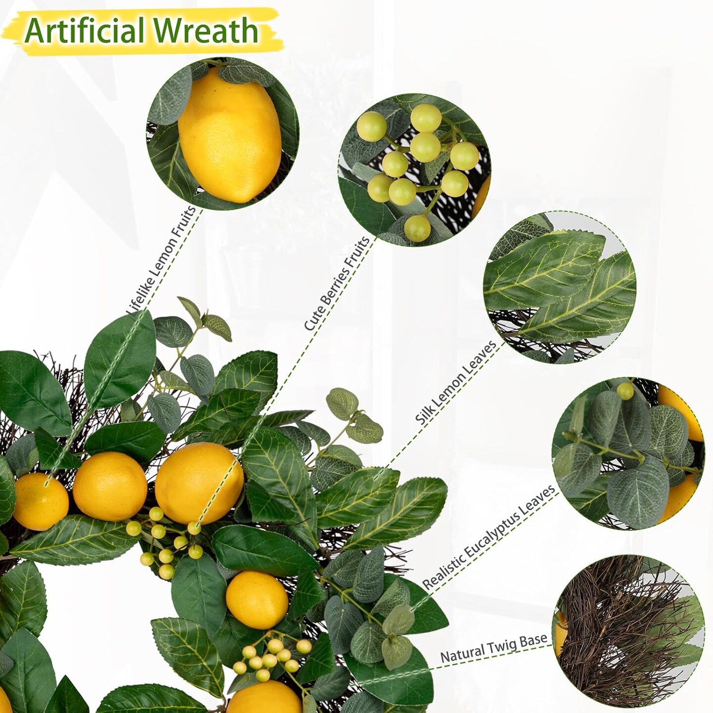 18 inch Artificial Lemon Wreath for Front Door, Spring Door Wreath Faux Lemons Door Wreath with Berries and Green Leaves Small Wreath for Indoor Wall Window Wedding Farmhouse Lemon D&#xE9;cor