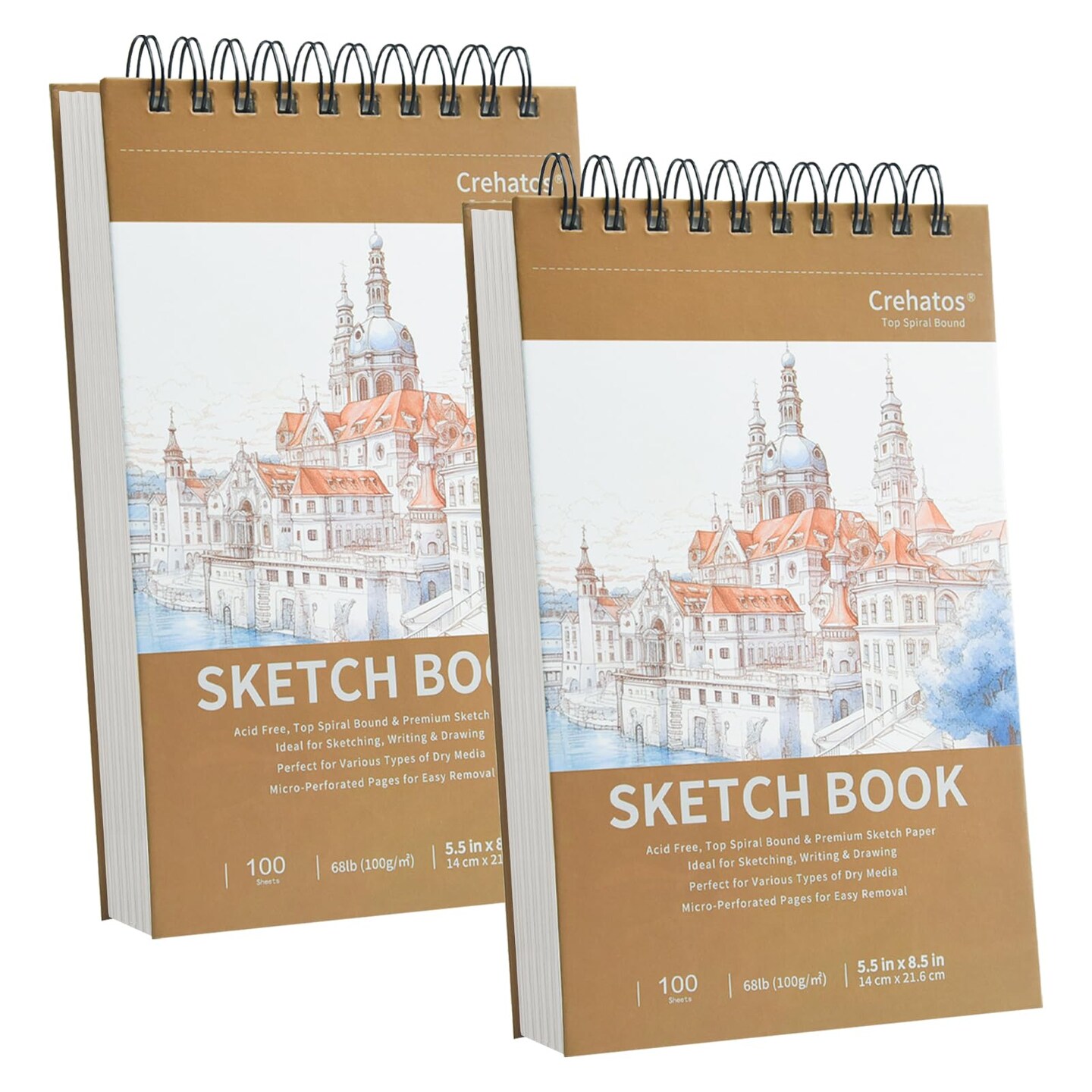 5.5" x 8.5" Sketch Book, Top Spiral Bound Sketch Pad, 100 Sheets Each 68lb/100gsm Drawing Paper, 2 Pack