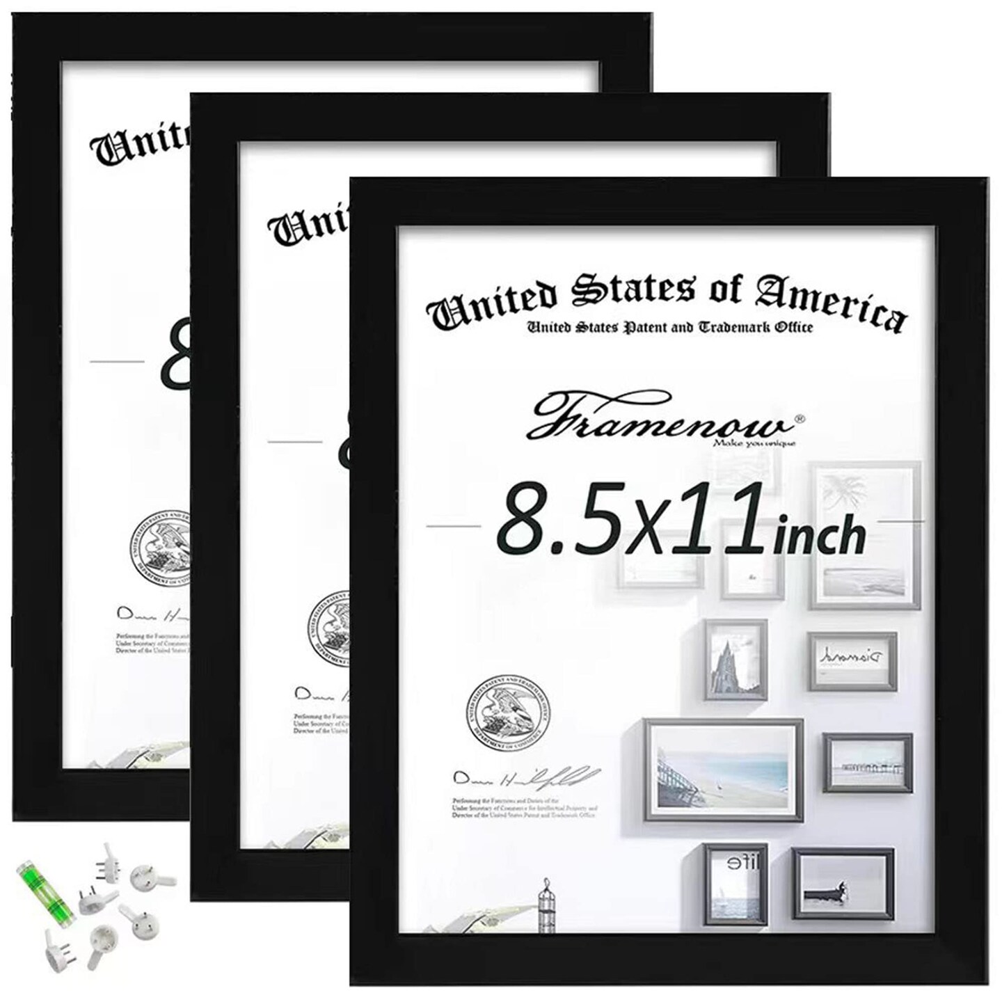 Framenow,8.5x11 Picture Frames Set of 3, Made of Real High Definition Glass and Solid Frame to Display Certificate or Pictures 8.5x11,To Wall and Tabletop Mounting, black. (8.5x11&#x27;&#x27;)