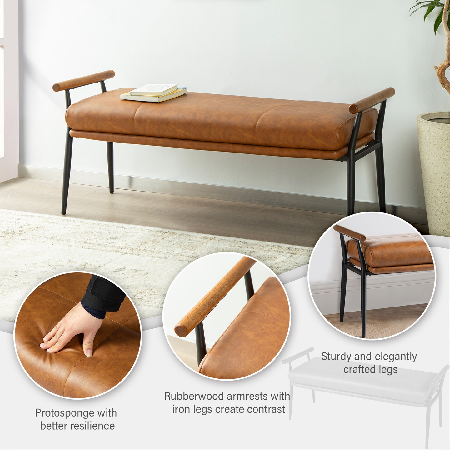 48.25&#x22;W Modern Brown Upholstered Bench with Wooden Arms and Metal Legs