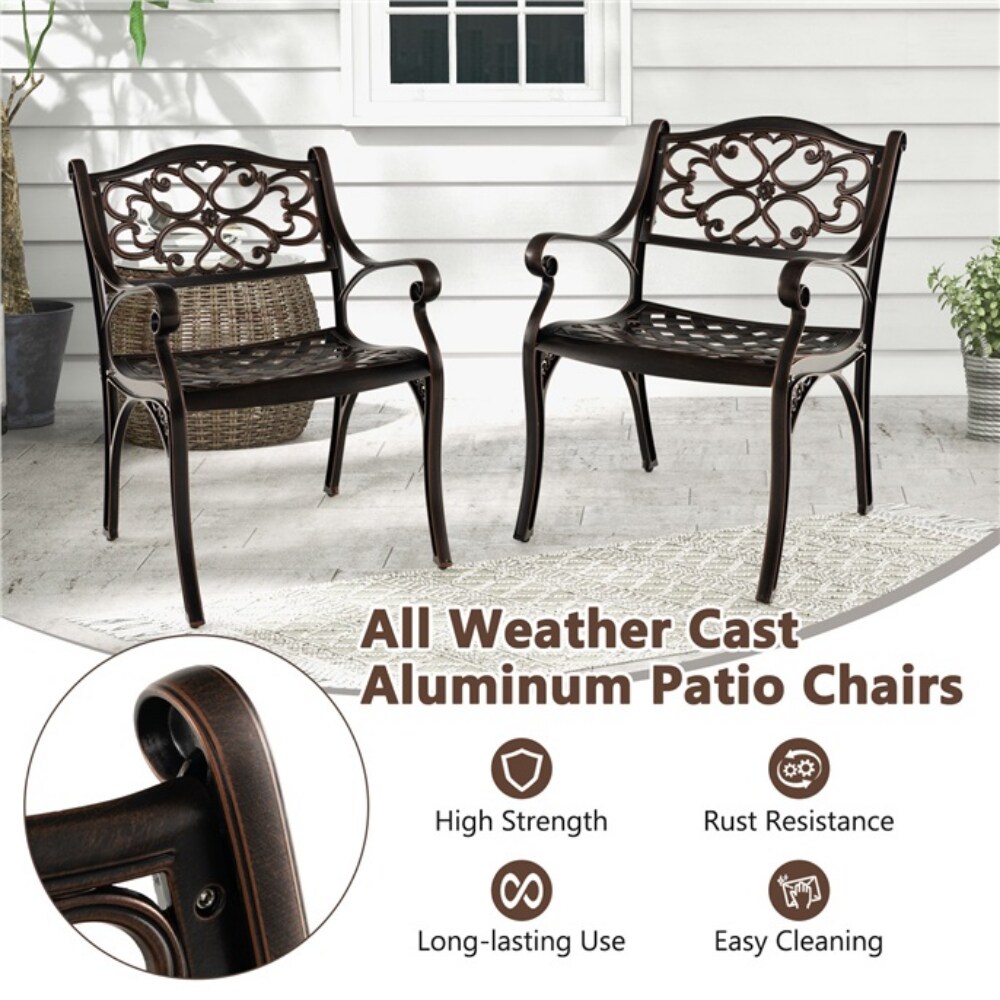 Outdoor Patio Chairs 2-Pack Bronze Cast Aluminum Ergonomic Seat and Backrest