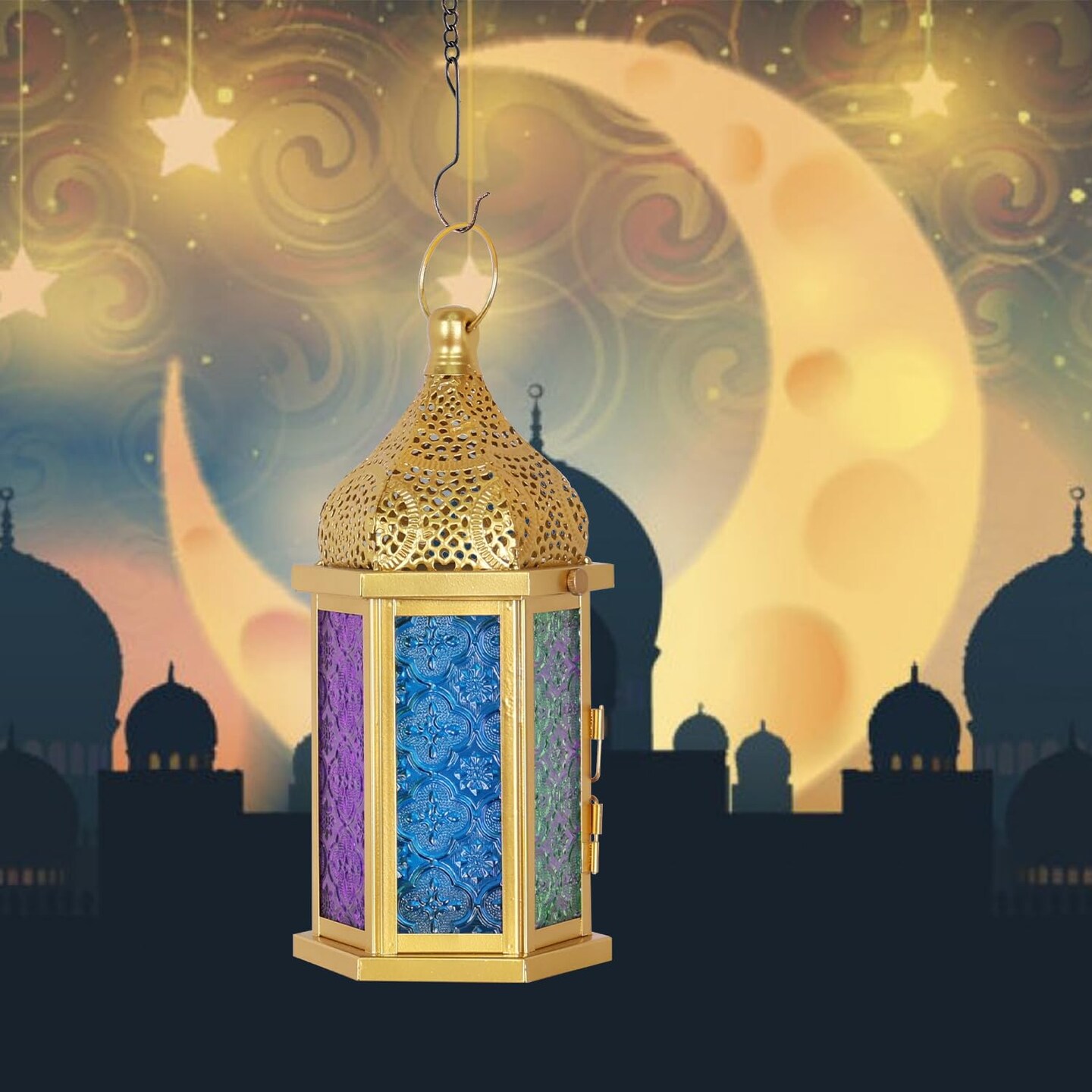 Ramadan Decorations, 13" Ramadan Lantern, Vintage Gold Metal Candle Lanterns with Glass, Ramadan Decor for Table, Wall, Porch, Eid Haning Decor Decorative Indoor Outdoor
