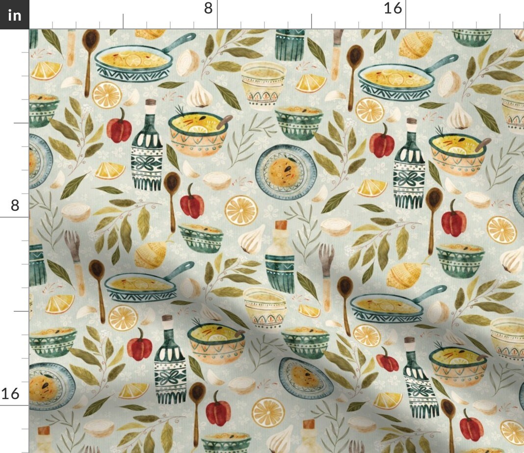 Mediterranean Food Cuisine Green Blue Mint Culinary Rustic Ingredients Paella Chef Custom Printed Fabric by Spoonflower Various Fabrics by the Yard or Fat Quarter