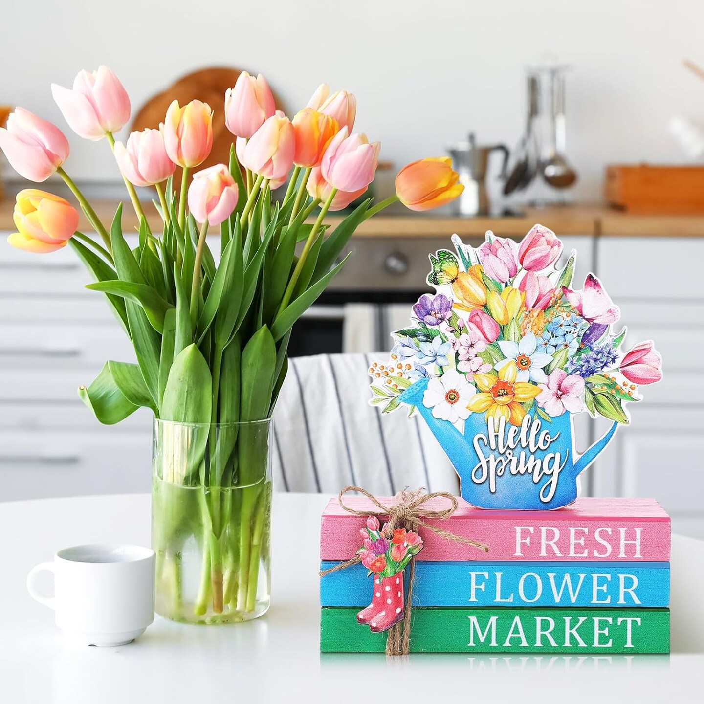 Spring Table Decorations Hello Spring Wooden Signs Flower Book Stack Decor Farmhouse Tabletop Centerpieces Easter Decor for Home Table Kitchen Shelf Tiered Tray