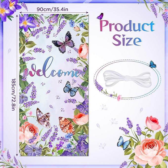Purple Welcome Butterfly Door Cover Welcome Summer Door Decorations Banner Butterfly Flower Porch Banner Sign Photo Background for Summer Spring Seasonal Welcome Holiday Party Indoor Outdoor Decor