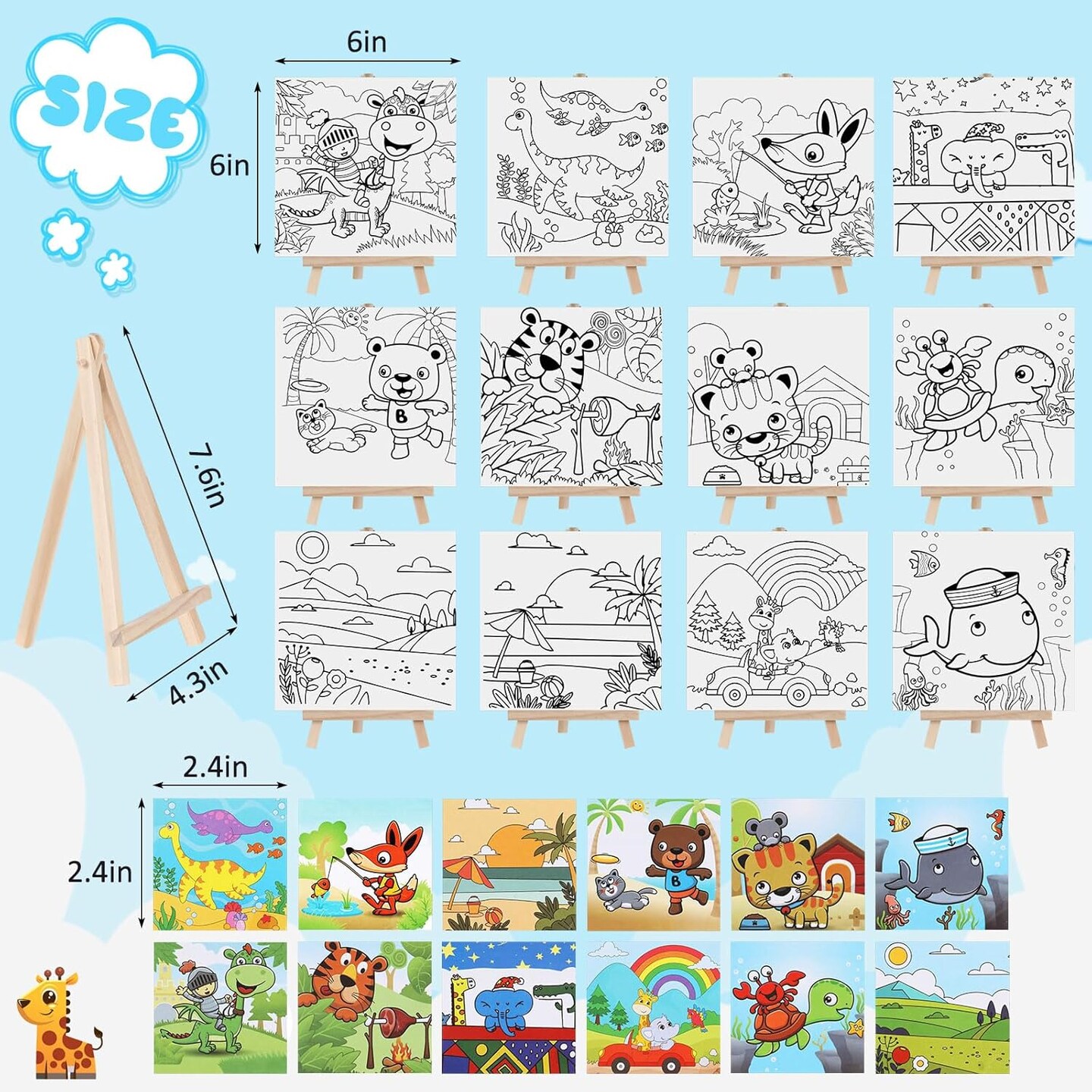 12 Sets Pre Drawn Canvas to Paint Kid Adult Stretched Coloring Painting Canvas Panels with Design Easel and Brushes