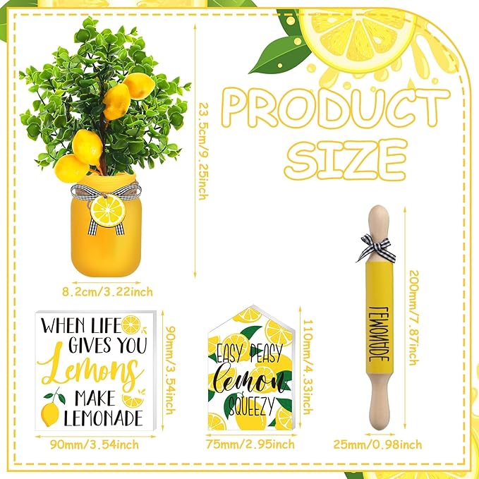 12-Piece Lemon Mason Jar Decor Set – Summer Farmhouse Table & Tiered Tray Centerpieces