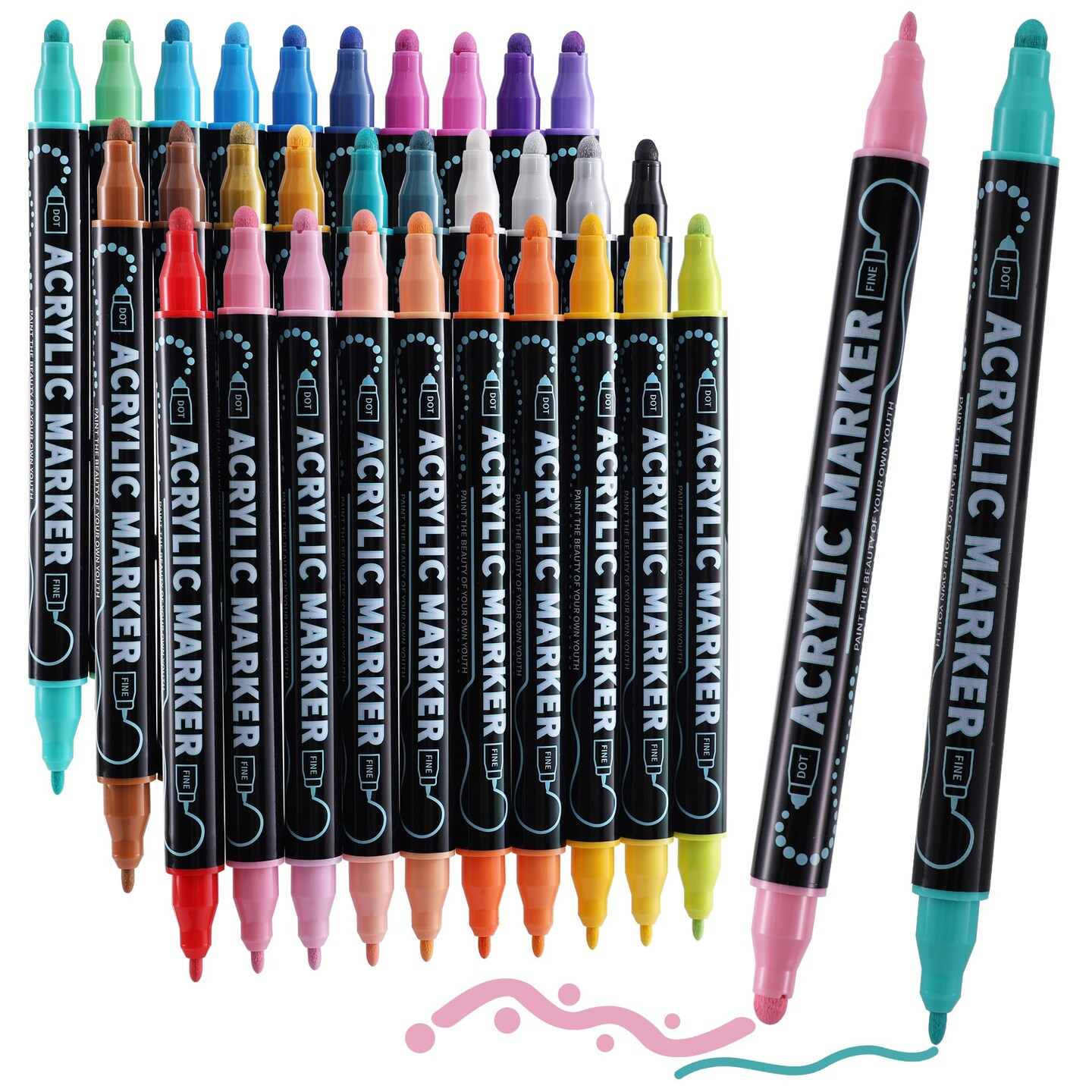 30 Colors Waterproof Dual Tip Acrylic Paint Pens, Dot &#x26; Fine Tip Premium Coloring Drawing Markers Set for Wood, Rock Painting, Canvas, Glass, Ceramic Surfaces and DIY Crafts Making Art Supplies