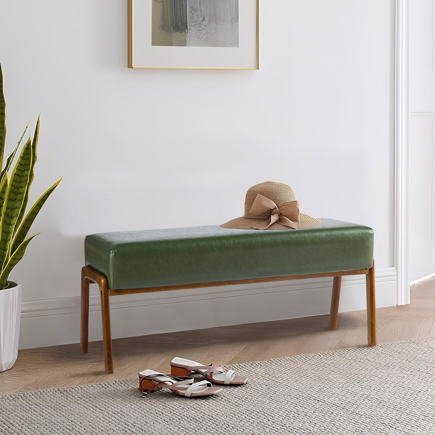 42.25&#x22;W Mid-century Modern Hunter Green Leatherette Bench with Walnut Rubberwood Legs