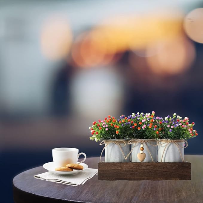 Decorative Centerpiece Wooden Tray with 3 Metal Potted Artificial Milan Flowers Rustic Country Farmhouse D&#xE9;cor for Dining Room, Living Room and Kitchen Table