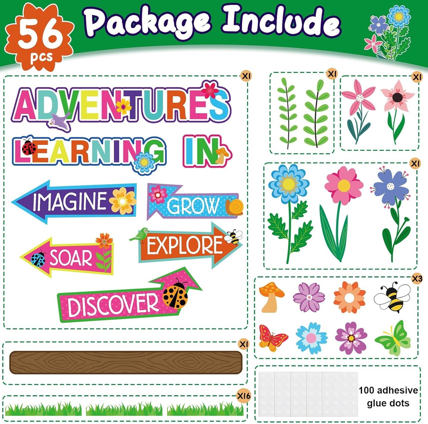 56-Piece “Adventures in Reading” Spring Classroom Bulletin Board Decor – Floral Signpost & Paper Cutouts