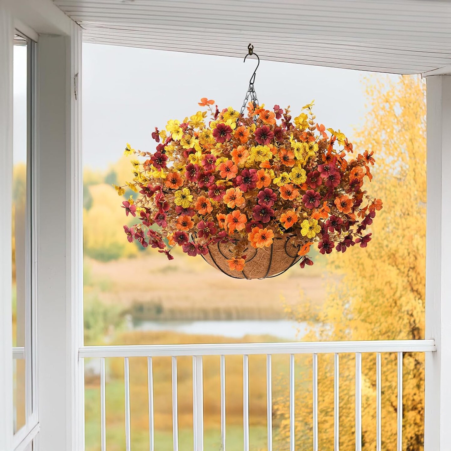 Artificial Fake Hanging Baskets Flowers for Outdoors Spring Decoration, Faux Silk Daisy Plants UV Resistant Look Real Outside Yard Patio Front Porch Garden Balcony Home Decor (Orange Yellow Brown) 15.7"D x 15.7"W x 19.7"H