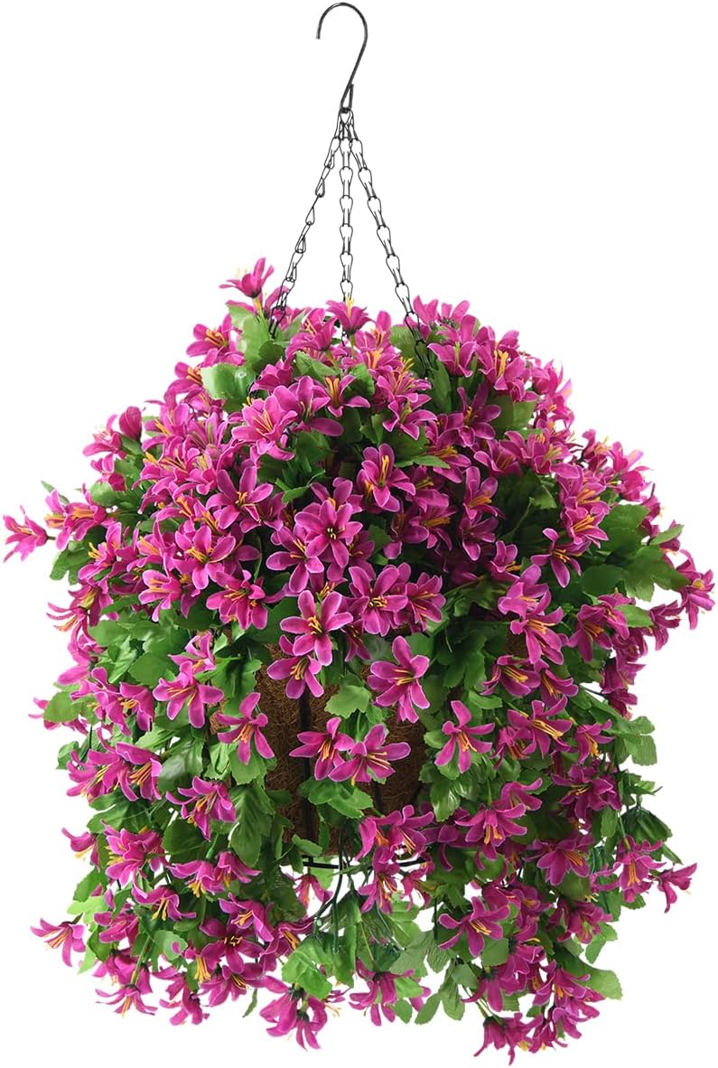 Artificial Hanging Flowers in Basket for Summer Outdoor Porch Decoration,UV Resistant Fake Silk Violet in Planter Realistic for Outside Home Patio Balcony Garden Yard Decor