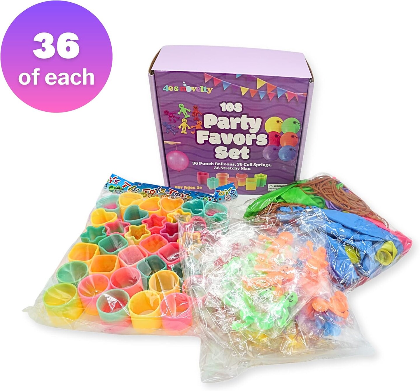 4E's Novelty 108 Pcs Prizes, 36 Of Each, Punch Balloons, Mini Coil Spring, Stretchy Bendable Man, Birthday Party Favor Sets for Kids, Sensory Fidget Treasure Chest Prize Box Toys for Classroom
