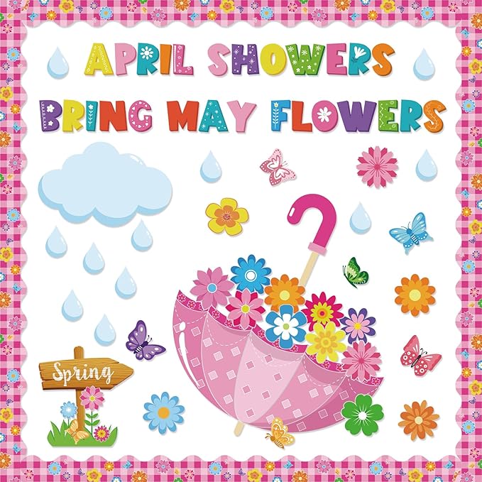 Spring Classroom Bulletin Board Decor – “April Showers Bring May Flowers” Umbrella, Cloud & Flower Cutouts for Preschool & Kindergarten