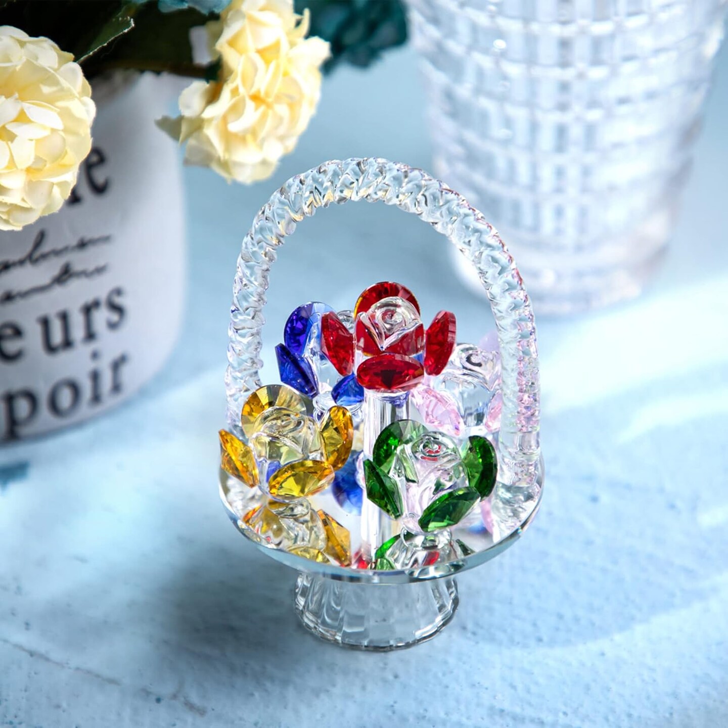Colorful Crystal Flower Basket Figurine Ornament, Glass Flower with Rotating Base for Home Dress Table Centerpiece