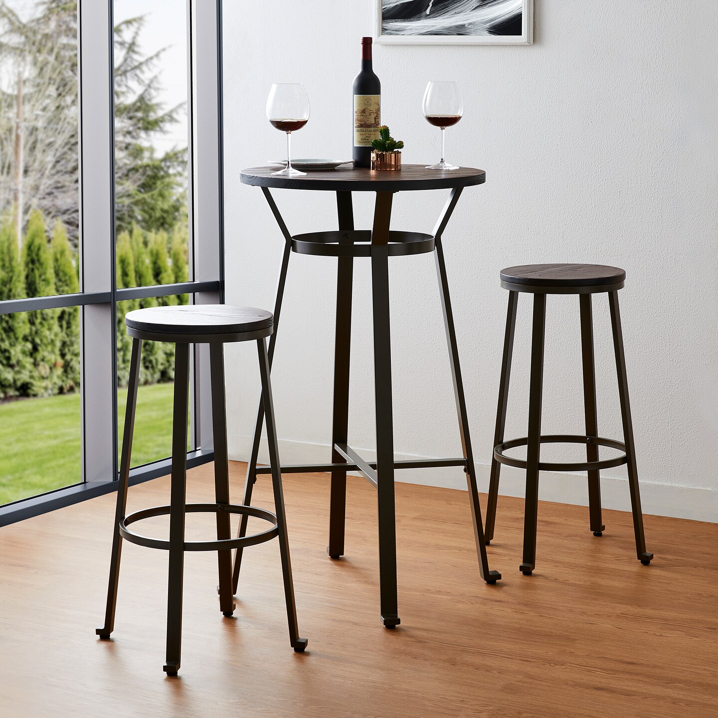 Set of 3 Steel Bar Table and Bar Stool Pub Set (1 Table+2 Stools)
