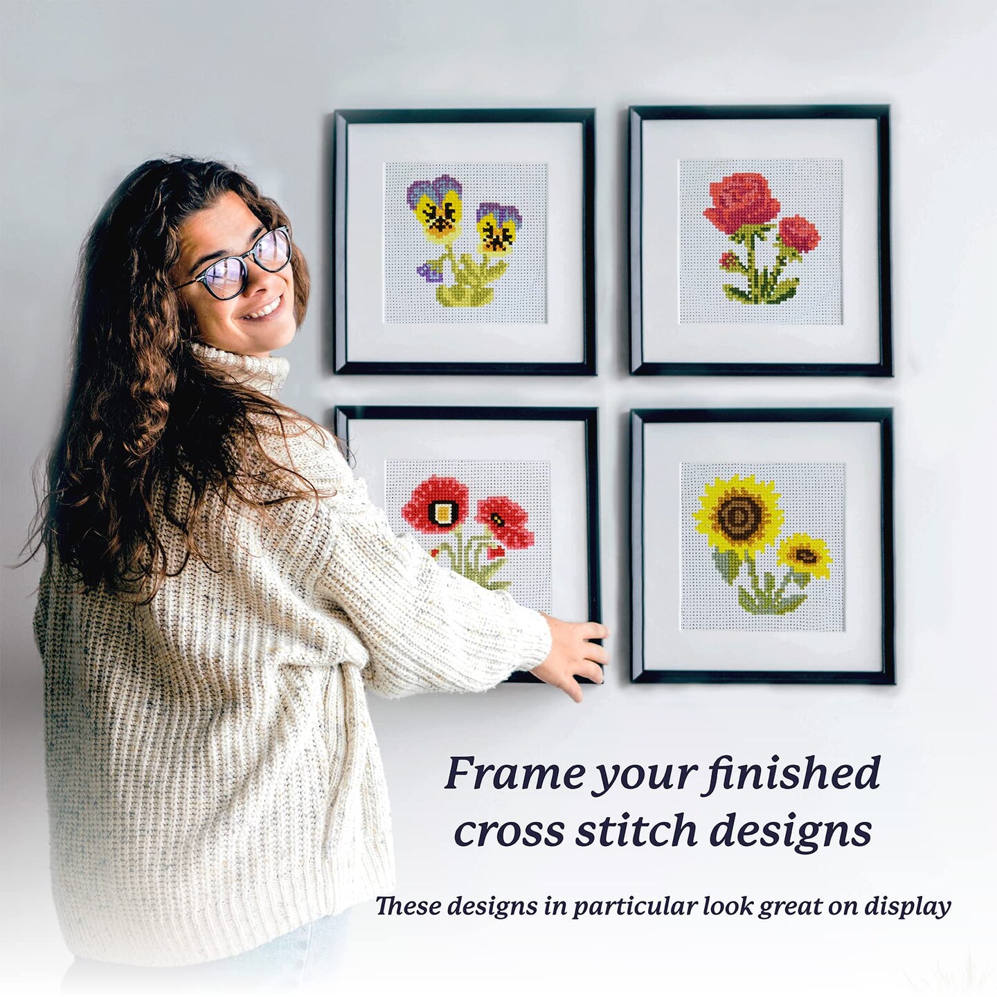 Cross Stitch Kits for Beginners (Flower Theme - 6.75 Inch - 4 Pack 1 x Embroidery Hoop) DIY Embroidery Needlepoint Patterns for Adults, Includes Poppy, Rose, Sunflower and Pansy.