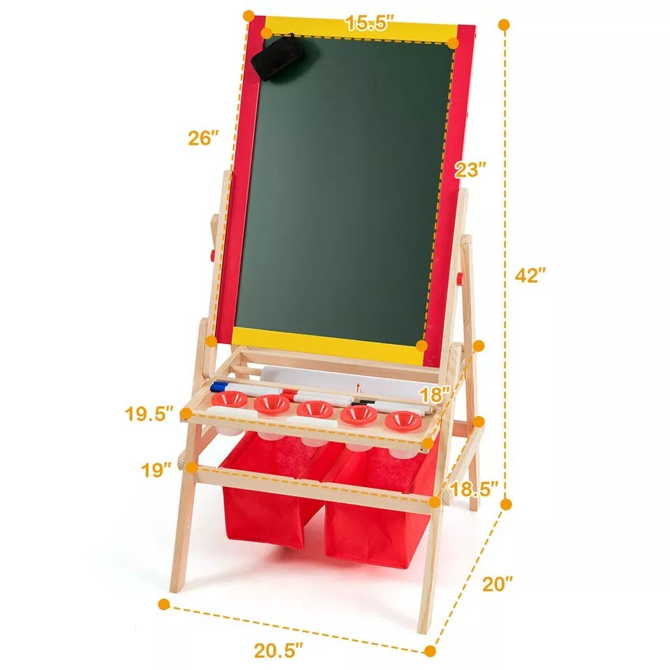 Kids Art Stand Wood Whiteboard Chalkboard w/ Paper Roll &#x26;Full Set of Accessories