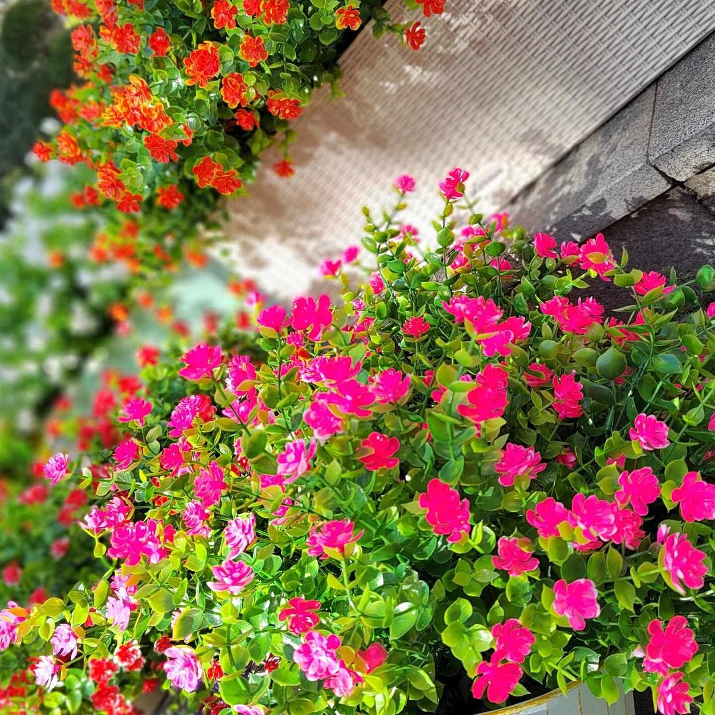 12 Bundles Artificial Flowers for Outdoors, UV Resistant Fake Flowers with Plastic Plants, Faux Flowers for Outside Window Box Front Porch Hanging Planter Decor (Pink) 13.7"D x 4"W x 4"H