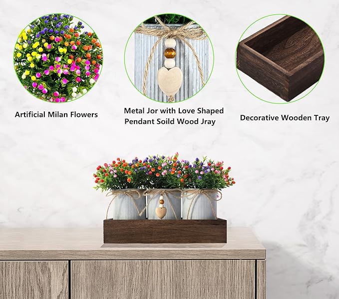 Decorative Centerpiece Wooden Tray with 3 Metal Potted Artificial Milan Flowers Rustic Country Farmhouse D&#xE9;cor for Dining Room, Living Room and Kitchen Table