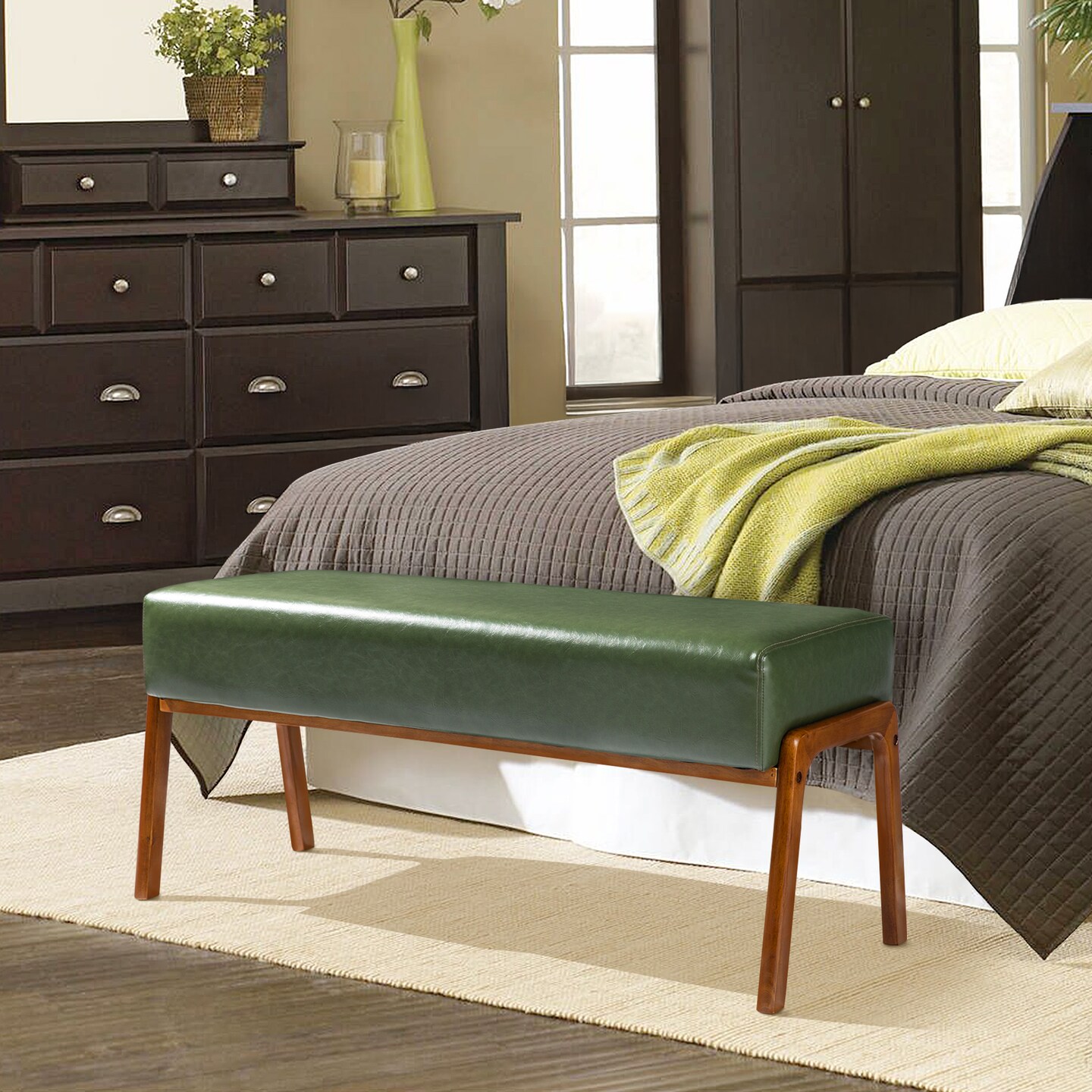 42.25&#x22;W Mid-century Modern Hunter Green Leatherette Bench with Walnut Rubberwood Legs