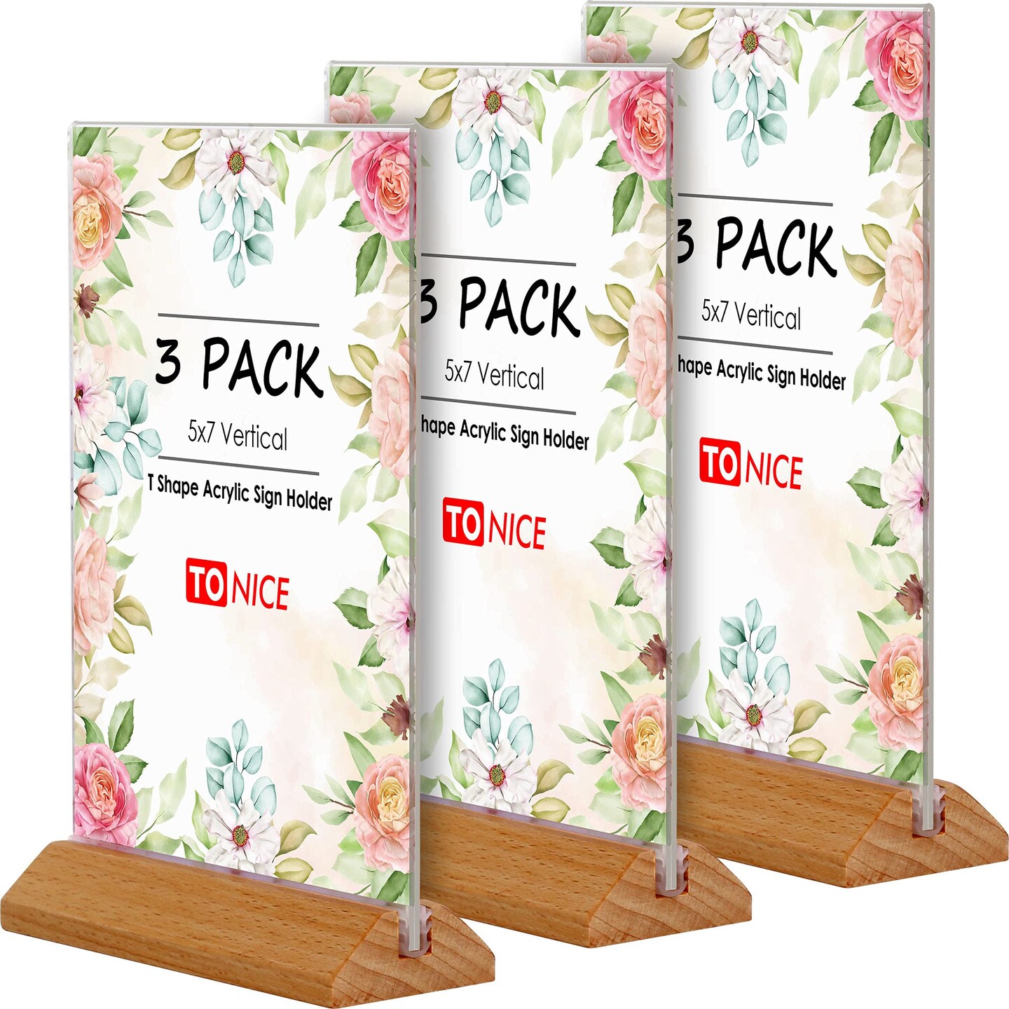 3 Pack 5x7 Acrylic Sign Holder T Shape Clear Acrylic Double Sided Frames with Wood Base Table Menu Display Stand Flyer Display (Optional 8.5x11/5x7 Inch L/T Shape)
