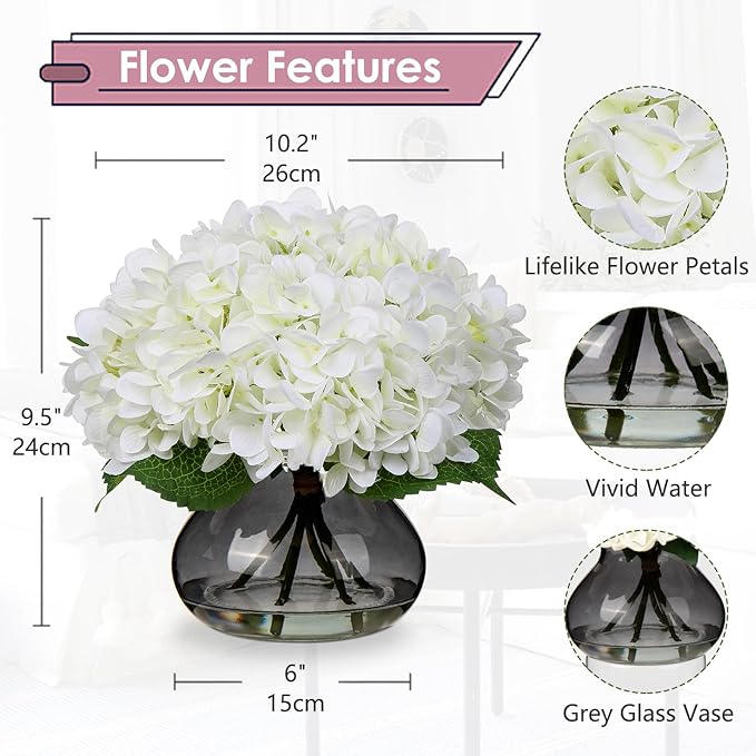 White Artificial Hydrangea Flower Arrangement with Glass Vase – Silk Faux Flowers for Table Centerpiece Decor