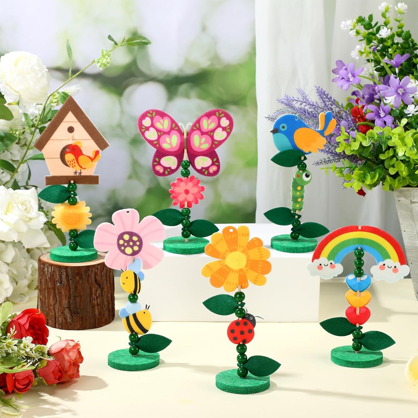24 Sets DIY Spring Craft Kits Felt and Wood Flower Rainbow Bug Bird Butterfly Craft Kits Early Educational Toys Spring Break Activities for Home Fun Game Activities