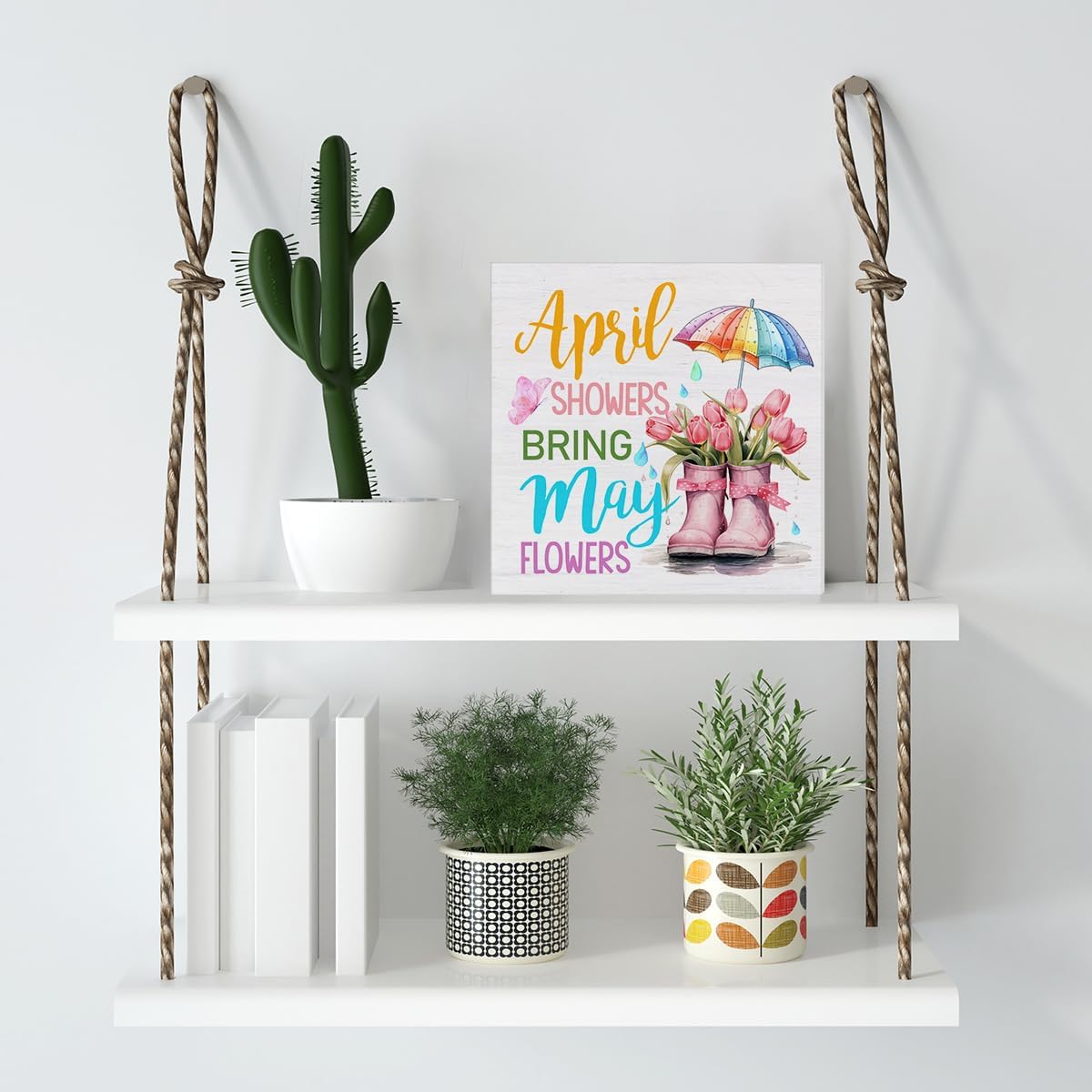 Spring Home Decor Spring Decorations April Showers Bring May Flowers Wooden Sign Decor for Desk Table Shelf Wall 5 x 5 Inches