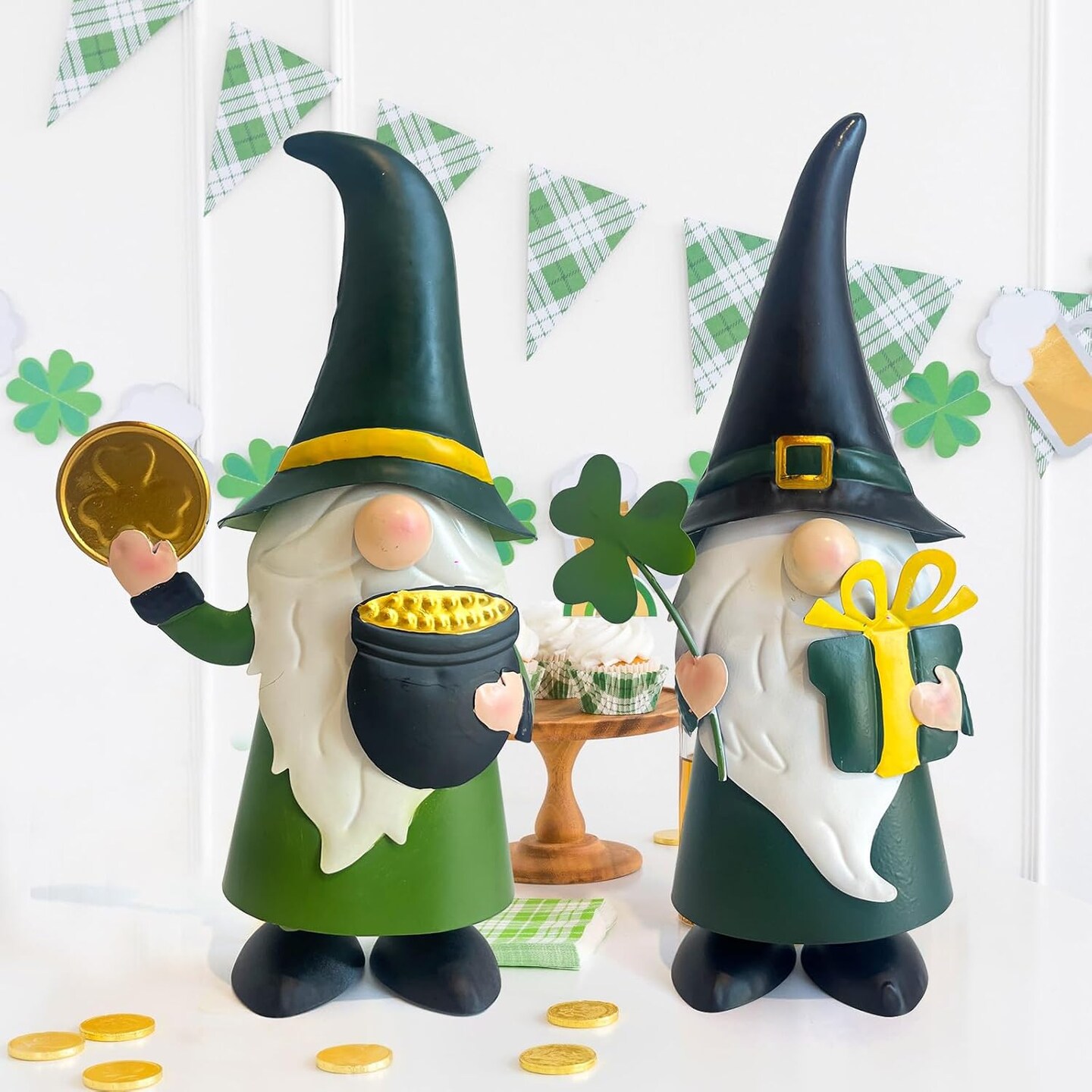 St. Patricks Day Decorations Outdoor Green Gnomes, Metal Gnomes Figurine Irish Leprechaun St Patricks Day Decor, Luck Shamrock Gnome for Home Outside Garden Lawn Party Yard Patio (14 INCH)