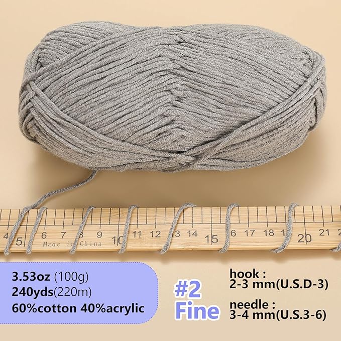 100g Yarn for Crochet,Amigurumi Yarn,Crochet Yarn for Crocheting,Cotton Yarn,Soft Yarn for Sweater,Hat,Socks,Baby Blankets(Grey)