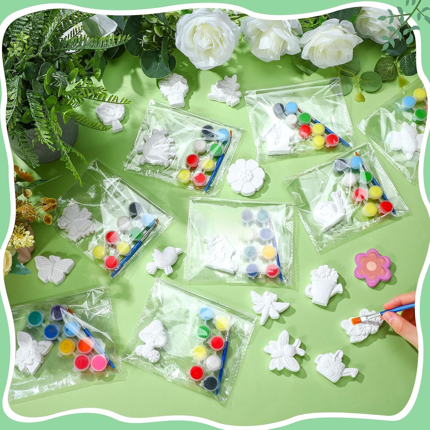 20 Set Spring DIY Painting Kit Ceramic to Paint Your Own Flowers Bee Snail Bird Butterfly Statues Unpainted Plaster Figurines Brushes Acrylic Paints Bags Party Favor for Adults