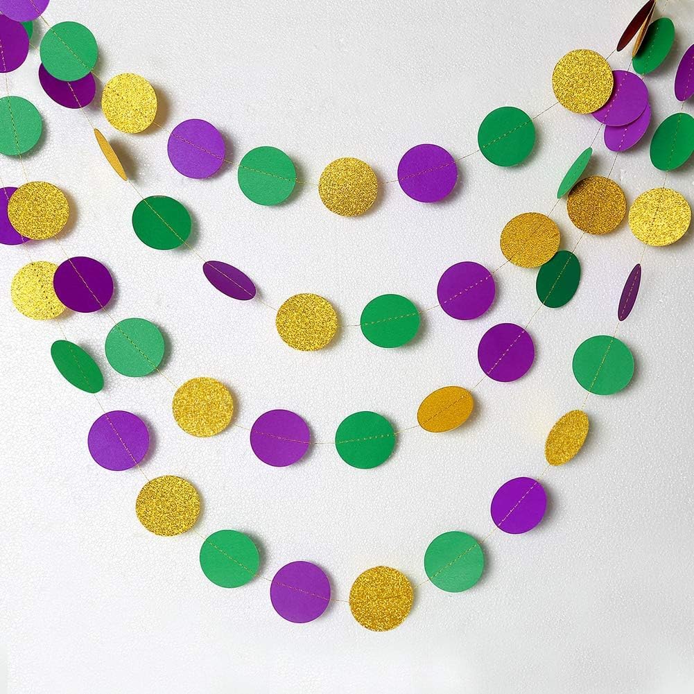 Gold Purple Green Mardi Gras Party Decorations Glitter Dot Garland Circle Streamers Banner Backdrop for Fat Tuesday Carnival Themed Parties Wedding Baby Shower Birthday Decor