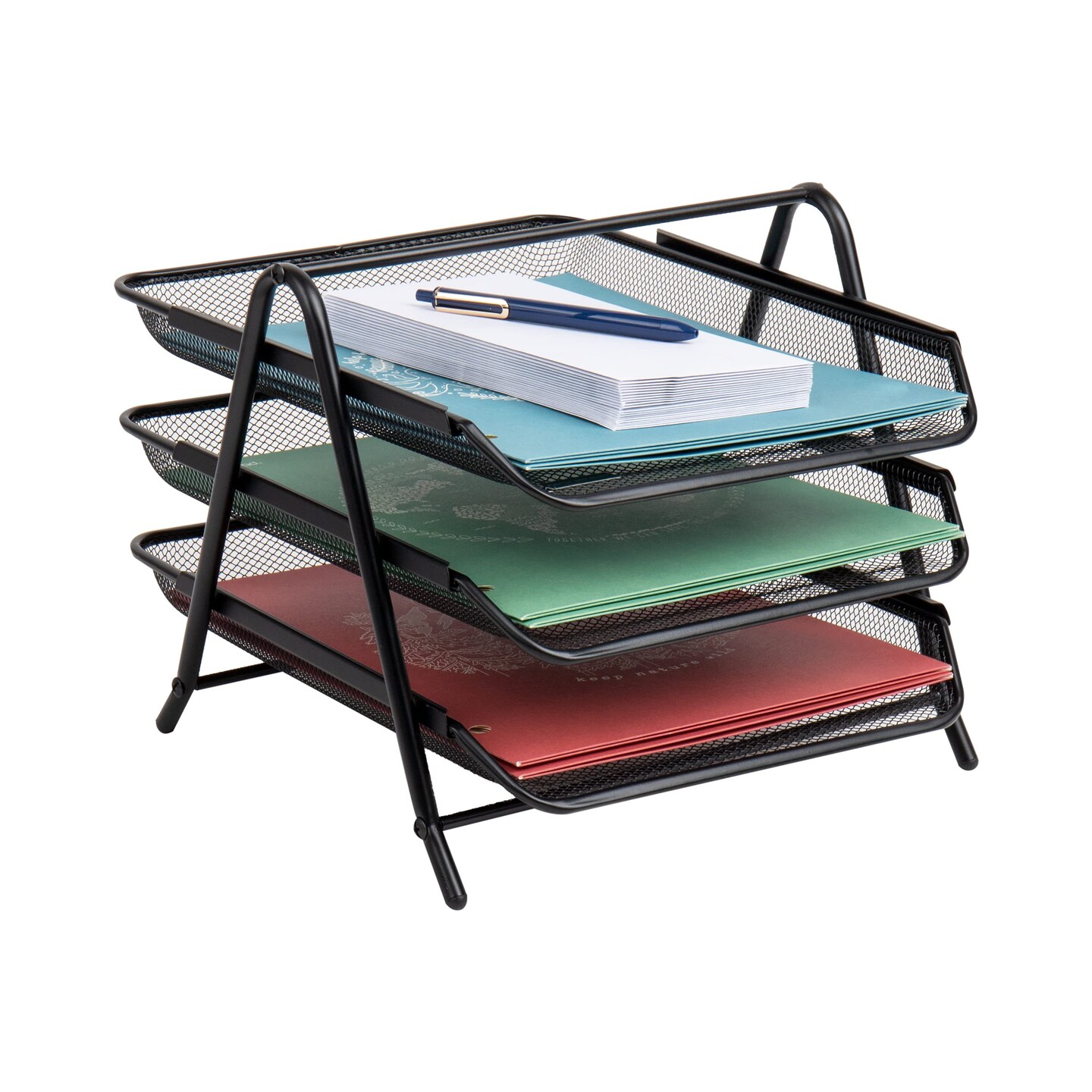 3-Tier Paper Tray, Desktop Organizer, File Storage, Office, Metal Mesh, 11.75"L x 13.75"W x 10"H, Black