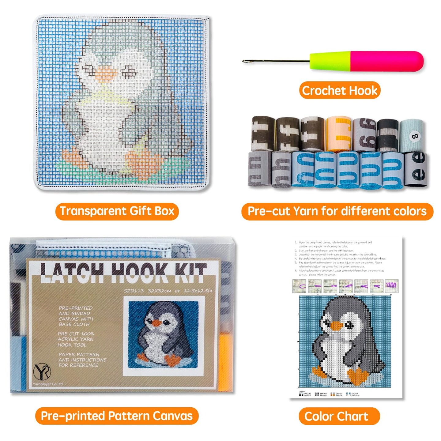 Latch Hook Kits for Kids Adults DIY Rug Tapestry Kits with Printed Canvas Embroidery Kits Festival Gifts Home Decoration (Penguin,11.8inch X 11.8inch)