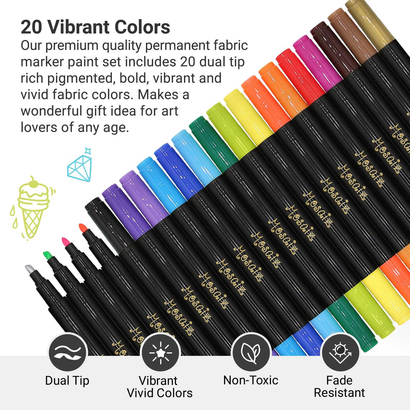 Dual Tip Fabric Markers, 20 Chisel and Fine Tip Markers Fabric Paint Pens for Fabric Decorating with Gold and Silver Colors including Numbers and Letter Stencils