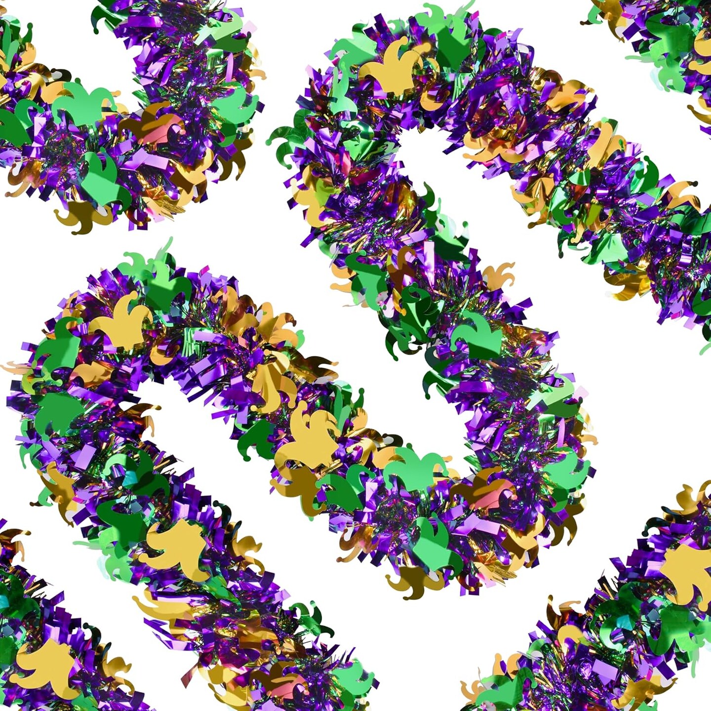 50 Ft Mardi Gras Glitter Tinsel Garland Purple Green Gold Metallic Streamers with Joker Pattern Glittering Hanging Decoration for Mardi Gras Carnival Parade Car Indoor Outdoor Home Party D&#xE9;cor