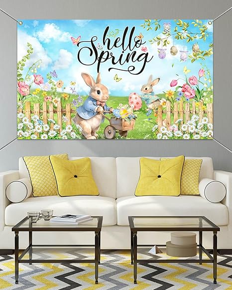 Hello Spring Backdrop Easter Party Banner Greenery Spring Festival Easter Photo Backdrop Colorful Happy Easter Party Decorations Supplies Banner (Greenery, 70.8x43.3 inch)