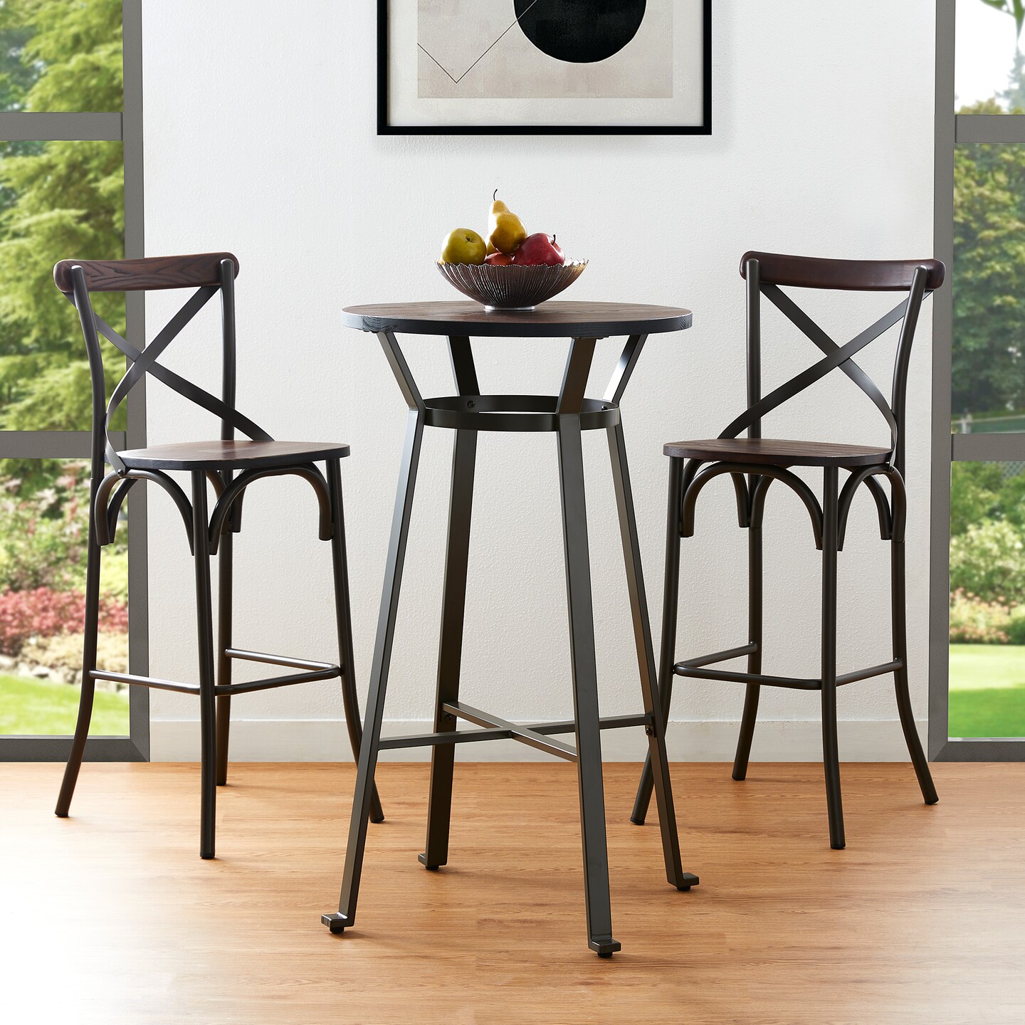 3 Piece Pub Table and Bar Chair Set - Steel Round Bar Table and Bar Chair Set