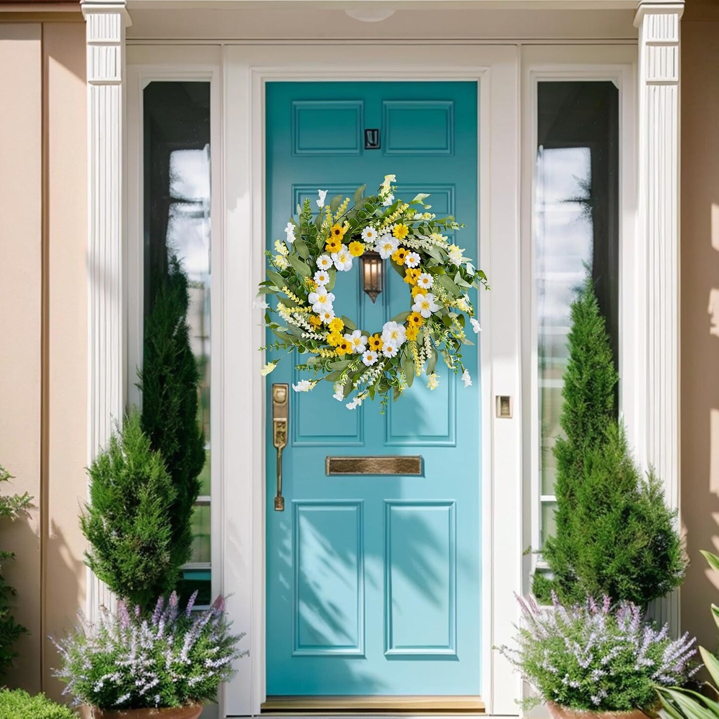 Artificial Spring Wreath 22 Inch Spring Wreaths for Front Door Summer Wreath with White Yellow Daisy