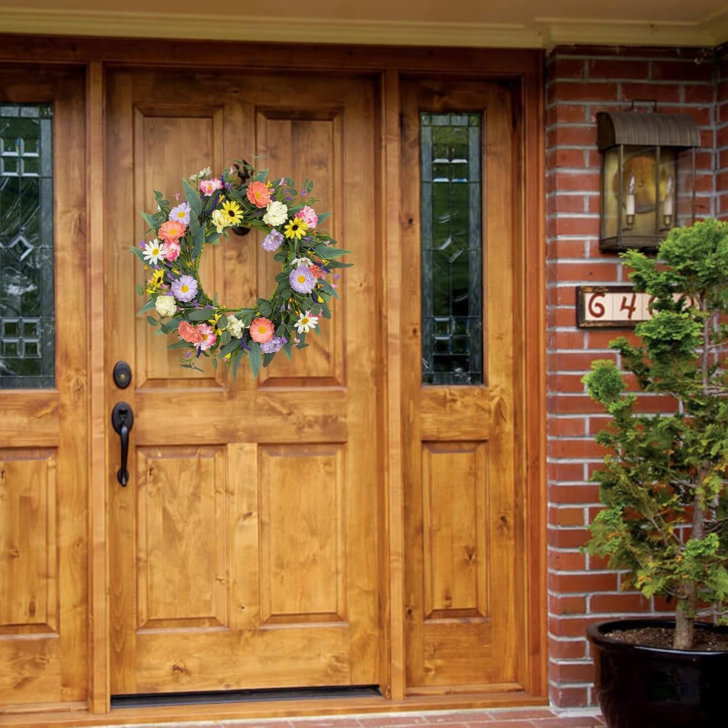 Artificial Flower Wreath,20” Purple Yellow White Pink Floral Wreath Spring and Summer Wreath Front Door Wreath for Home Party Festival Wedding Decor