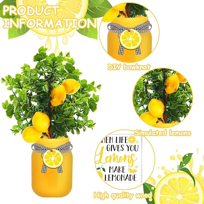 12-Piece Lemon Mason Jar Decor Set – Summer Farmhouse Table & Tiered Tray Centerpieces